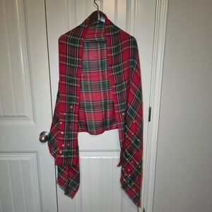 Talbots Red Plaid Metallic Cotton Scarf Gold Glitter Polka Dot Tartan Wrap NWT